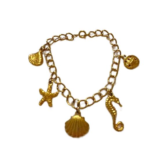 Vintage Gold Beach Theme Charm Bracelet, SeaShell, Seahorse - Picture 7 of 9